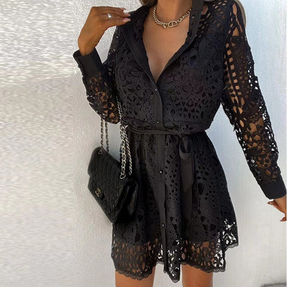 Guipure Lace Shirt Collar Button-Front Tie-Belt Mini Dress