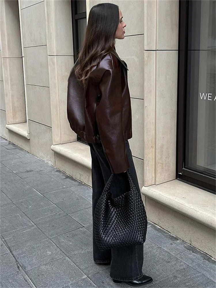 PU Patchwork Slim Zipper Coat