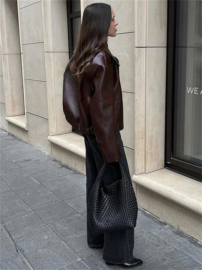 PU Patchwork Slim Zipper Coat