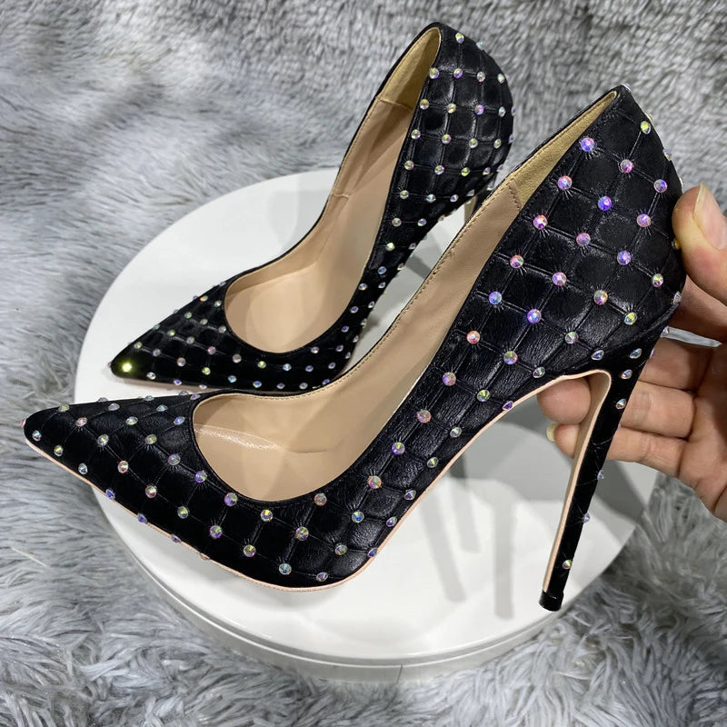 Black Plaid Fabric Pointy Toe High Heel Shoes with Rhinestones for Women