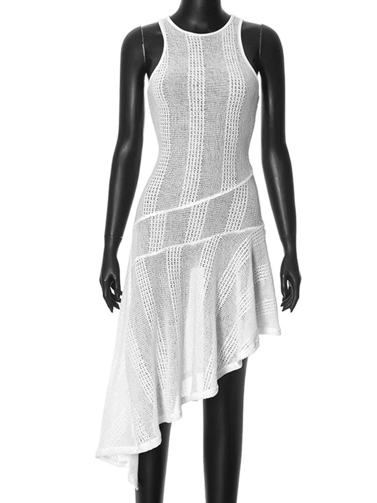 Ruffled White Hollow Dress Women's Summer New Fashion Irregular Sleeveless Perspective Solid Color High Waist Sexy Dress