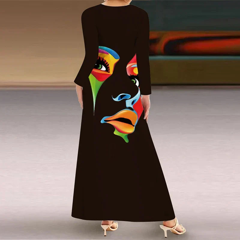 Abstract Face Print Long Sleeve V-Neck Side Pocket Maxi Dress