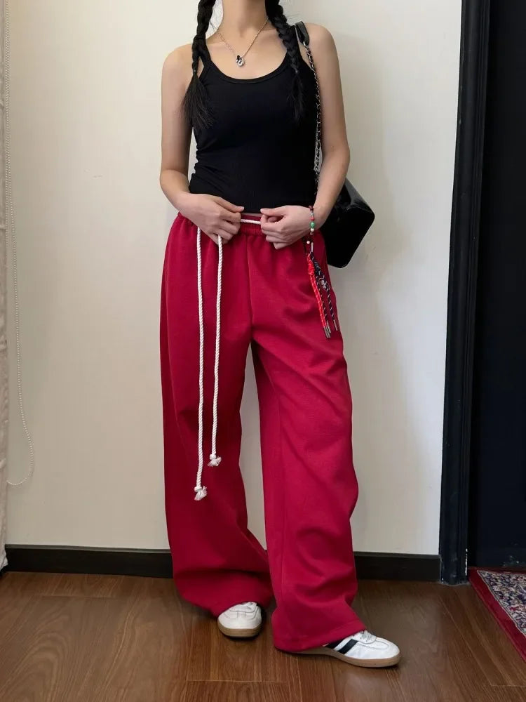 Y2k Kpop Red Sweatpants Women Baggy Harajuku Korean Hip Hop Style Wide Leg Jogger Pants Streetwear Oversized Aesthetic