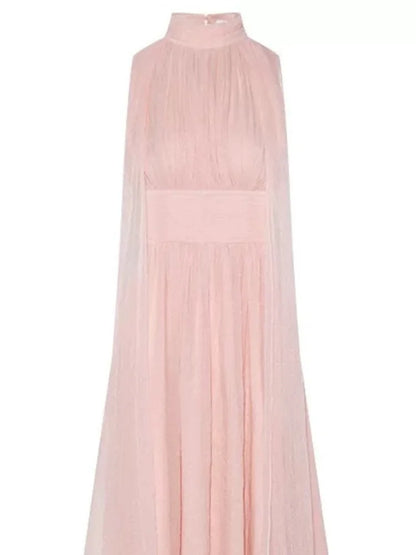 Ribbon Sleeveless Pleated Solid Long Dress