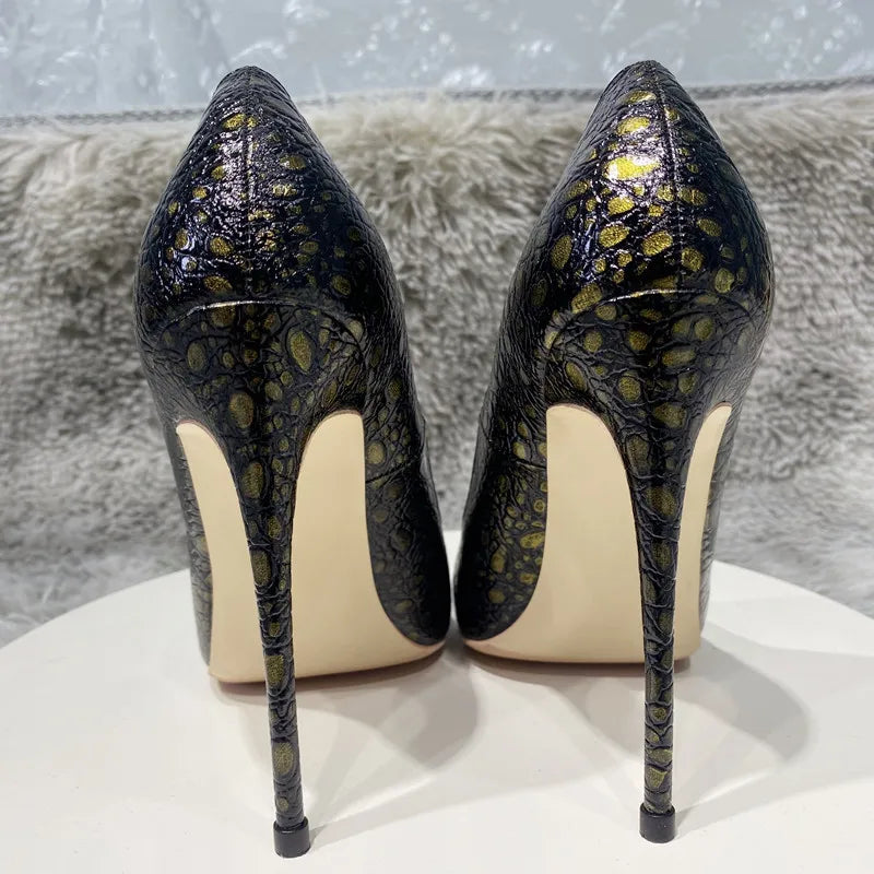 Bronze Black Crocodile Effect Women Sexy High Heel Shoes - 8cm, 10cm, 12cm