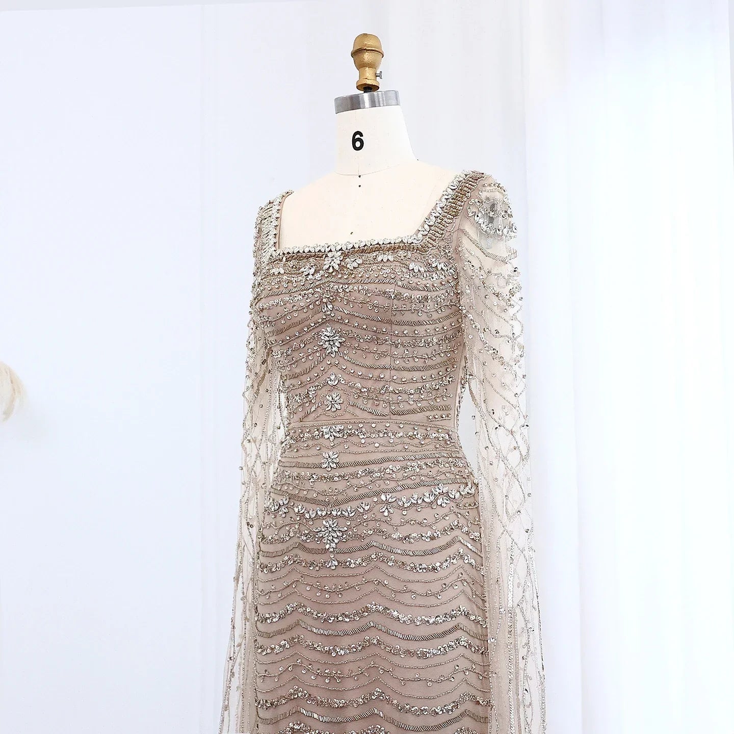 Caramel Square Neck Mermaid Evening Dress Cape Sleeves