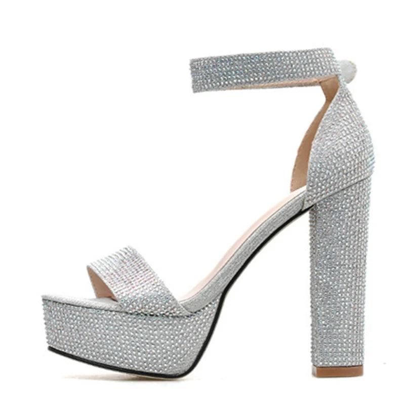 Silver Rhinestone Platform Sandals with Ankle Strap and Square High Heels for Summer