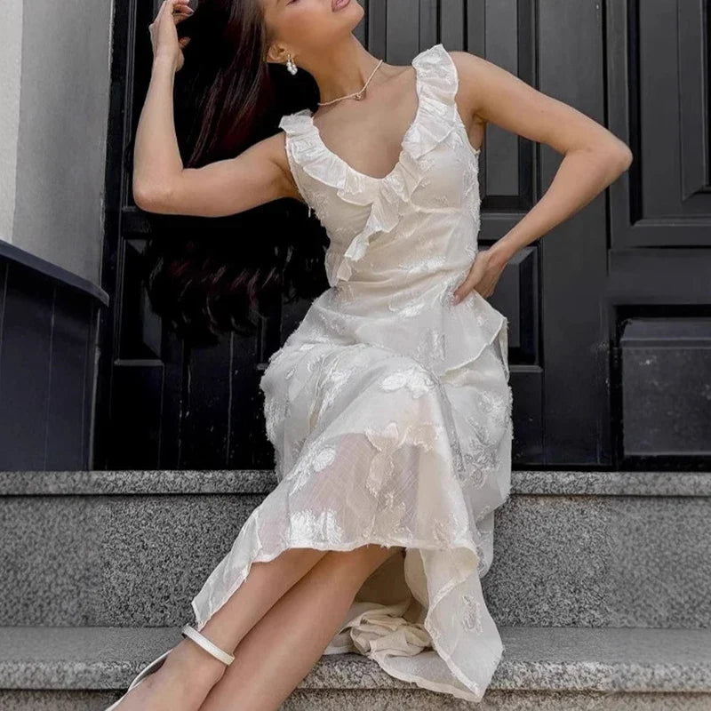 Ruffled V-Neck Mesh Splice Prom Dress