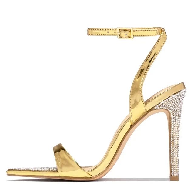 Elegant Silver Crystal Pointed Toe Rhinestone High Heels with Ankle Strap for Women