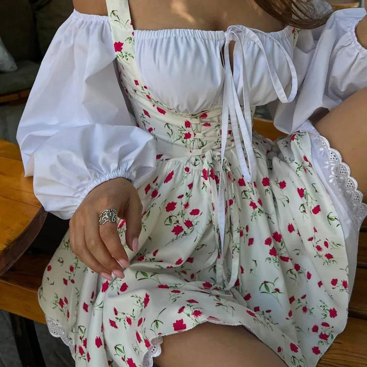 Floral Corset Lace Up Square Neck Eyelet Lace Trim Bubble Hem Mini Dress