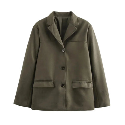 Vintage Lapel Pocket Suede Leather Jacket Women Fashion Loose Single Button Oversize Brown Coats Female Street Chic Clothes