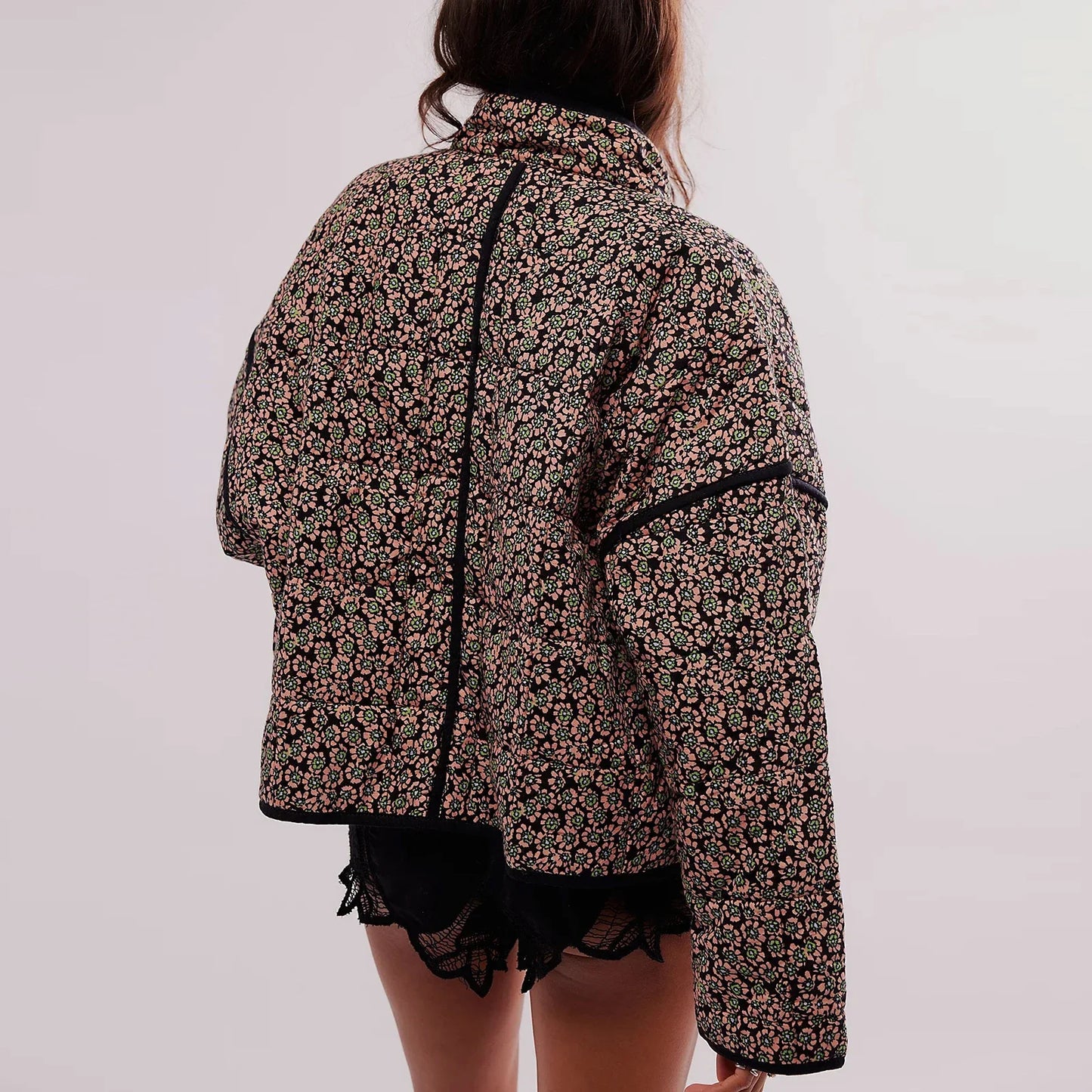 Floral Print Quilted Stand Collar Cardigan