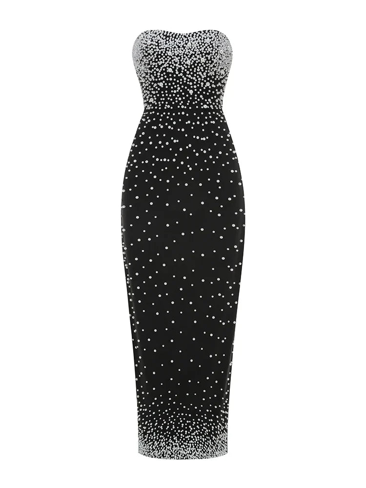 Black Strapless Pearls Beaded Embellished Maxi Dress