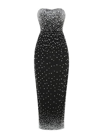 Black Strapless Pearls Beaded Embellished Maxi Dress