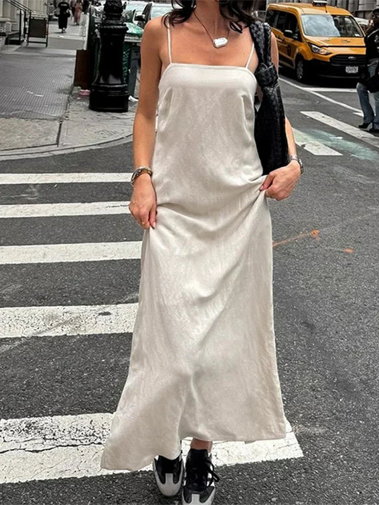 Square Neck Spaghetti Strap Linen Look Flowy Maxi Dress