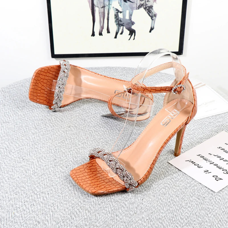 Square toe diamond stiletto heel sandals for women