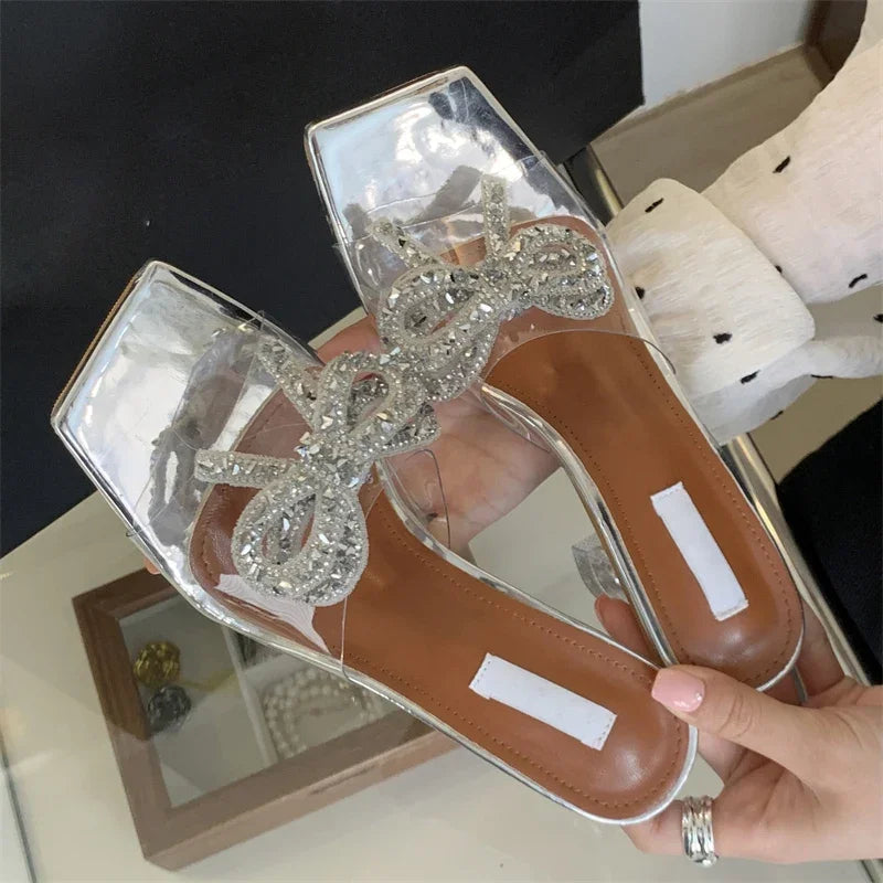 PVC Transparent Bowknot Women Sandals with Square Toe for Summer