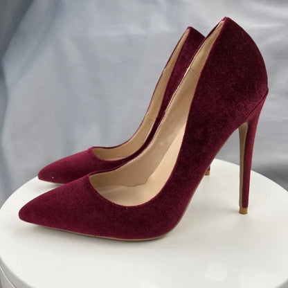 Wine Red Flock Pointy Toe High Heel Shoes for Women
