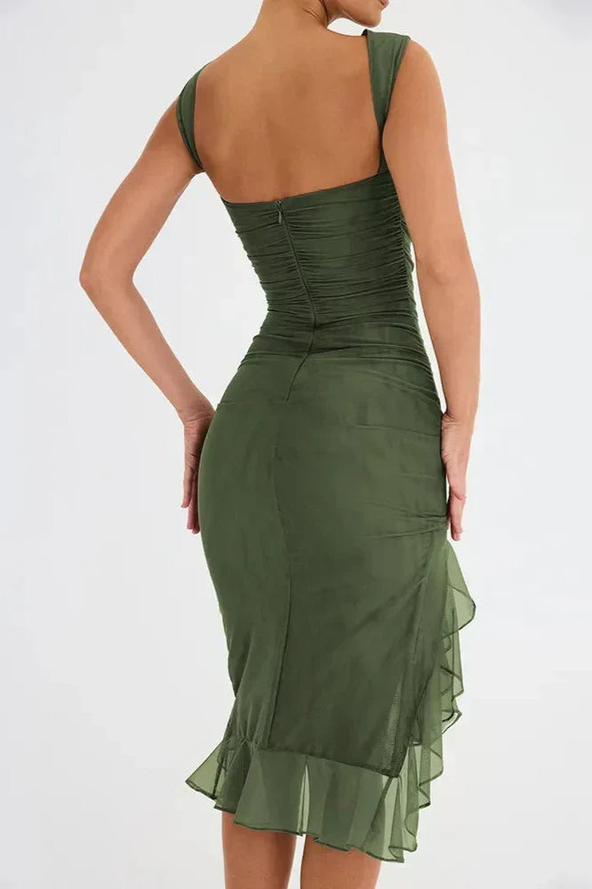 Boat Neck Sleeveless Ruched Mesh Asymmetric Ruffle Hem Bodycon Midi Dress
