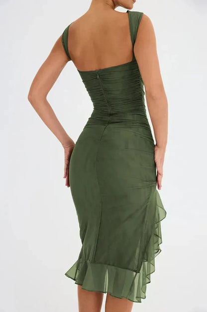 Boat Neck Sleeveless Ruched Mesh Asymmetric Ruffle Hem Bodycon Midi Dress