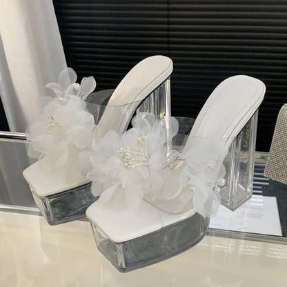 Transparent Flower Woman Slippers Summer Platform Square Toe Crystal High Heels
