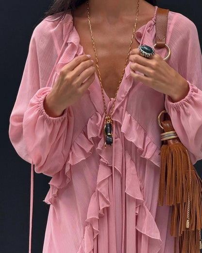 Ruffled Long Sleeve Chiffon Maxi Dress