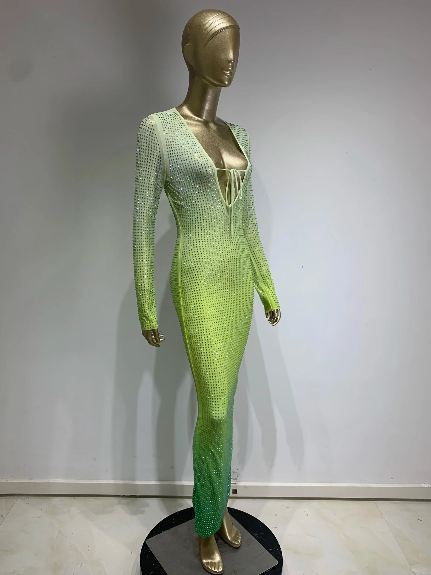 Green Gradient Midi Dress Shimmering Rhinestones & Bold Style