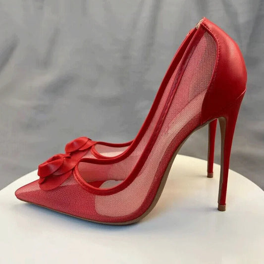 Red Matte Women Summer Gauze Pointy Toe High Heel Shoes