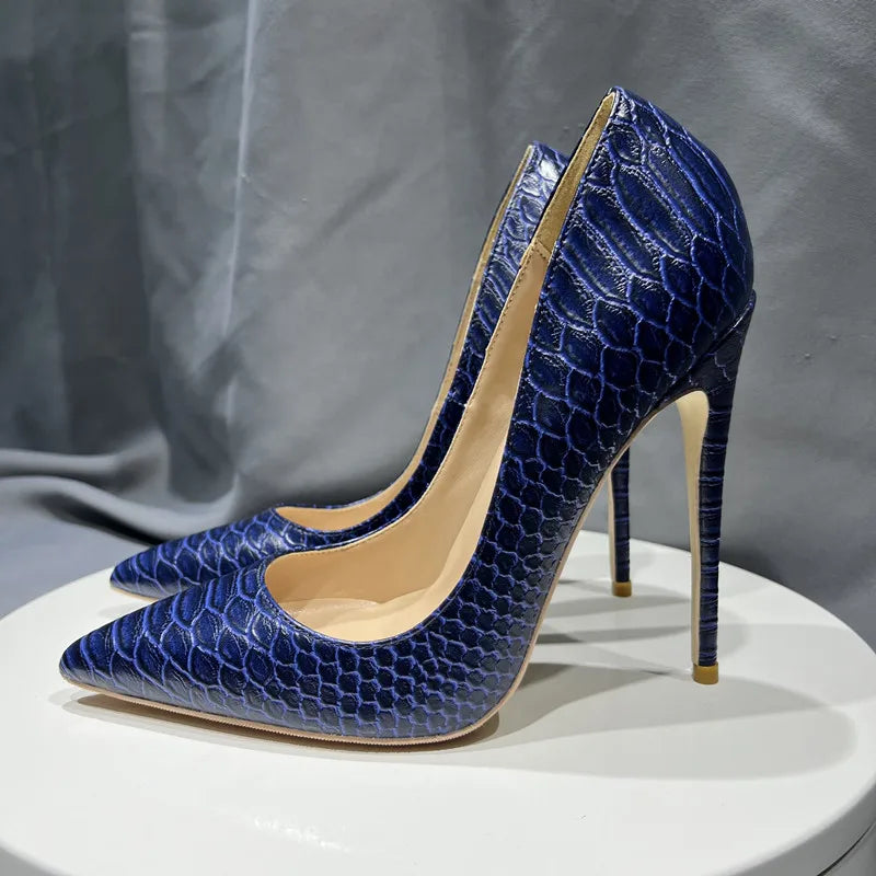 Navy Blue Croc-Effect Pointed Toe High Heel Shoes for Women