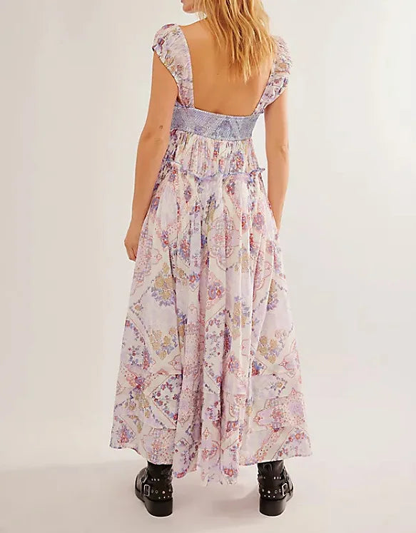 Printed Chiffon Short Sleeve A-line Boho Dress