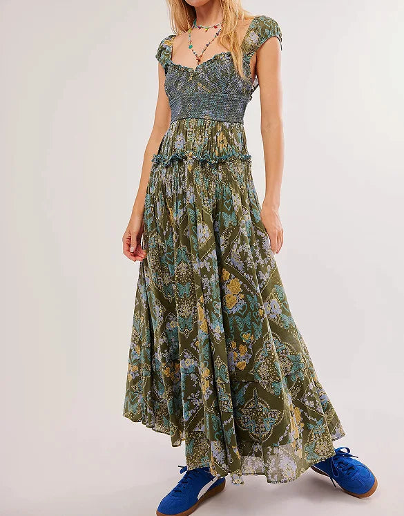 Printed Chiffon Short Sleeve A-line Boho Dress