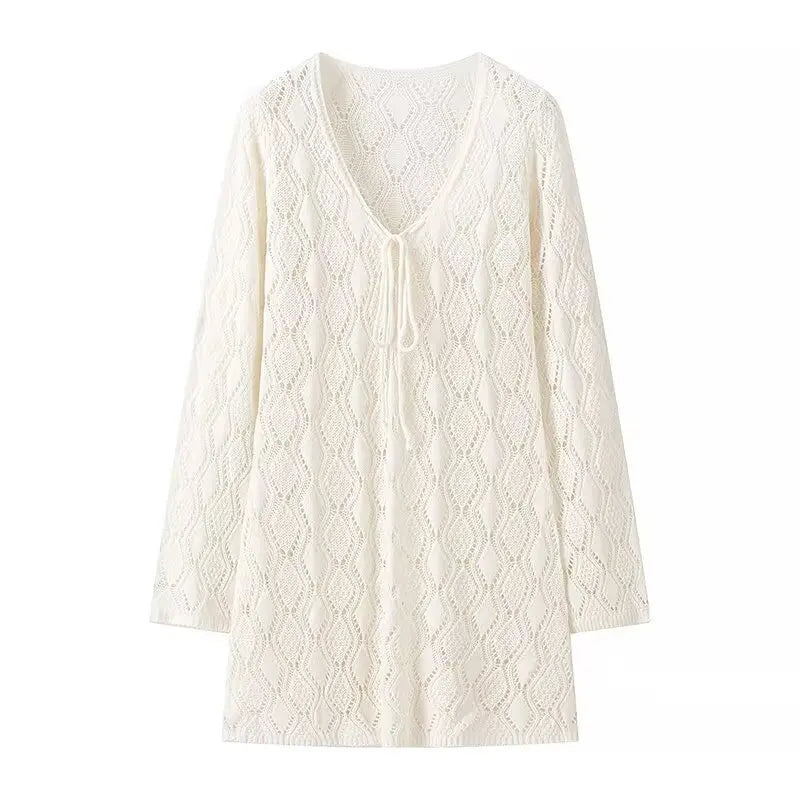 Crochet Geometric Lace Up Deep V Neck Long Sleeve Mini Dress