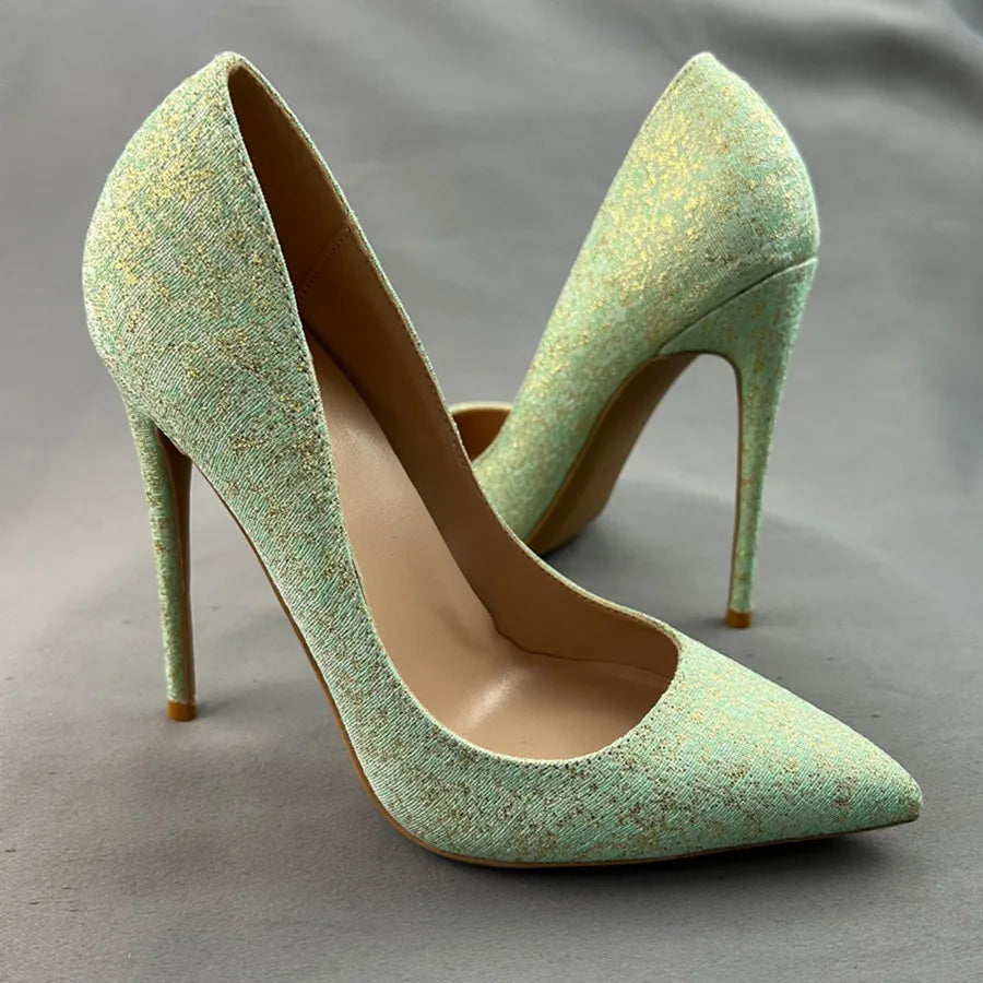 Green Glitter Pointy Toe High Heel Shoes for Women