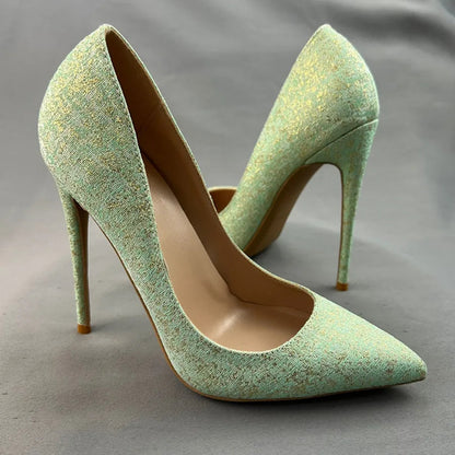 Green Glitter Pointy Toe High Heel Shoes for Women