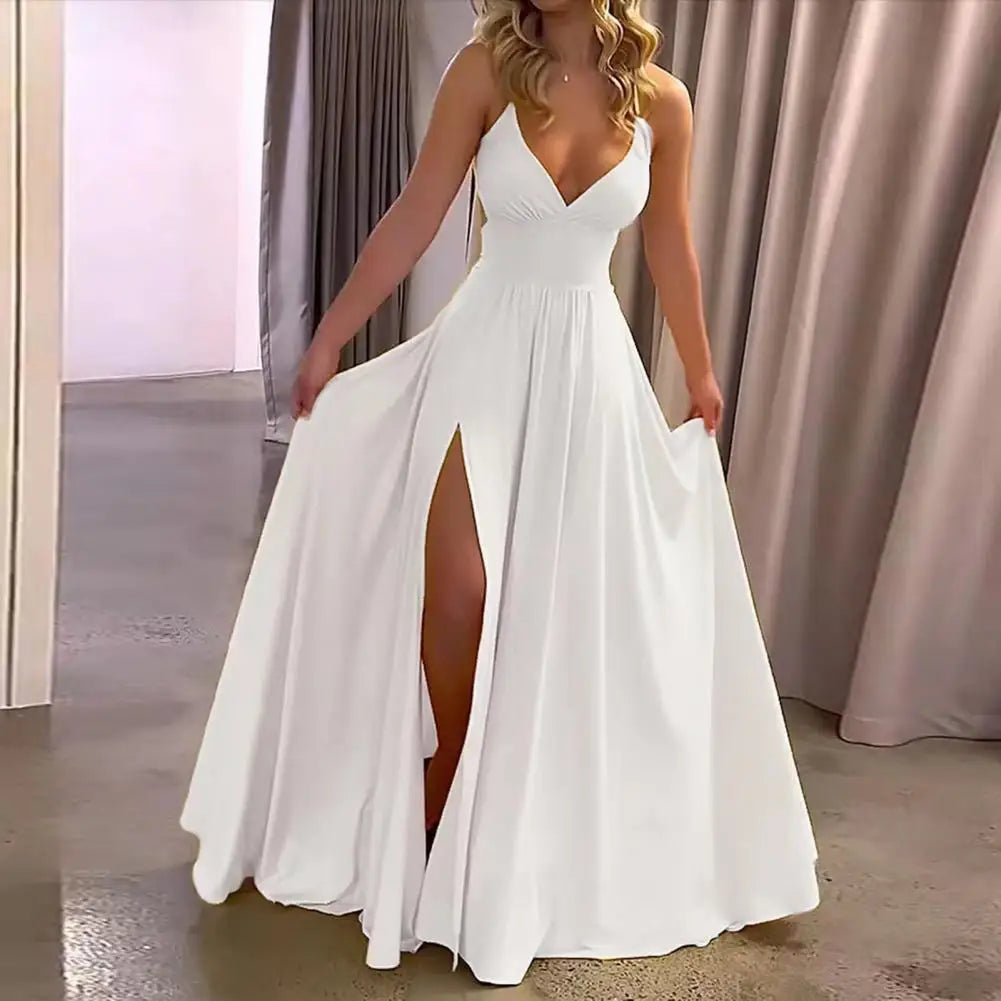Plunging V-Neck Spaghetti Strap Ruched Waist High Slit Maxi Gown