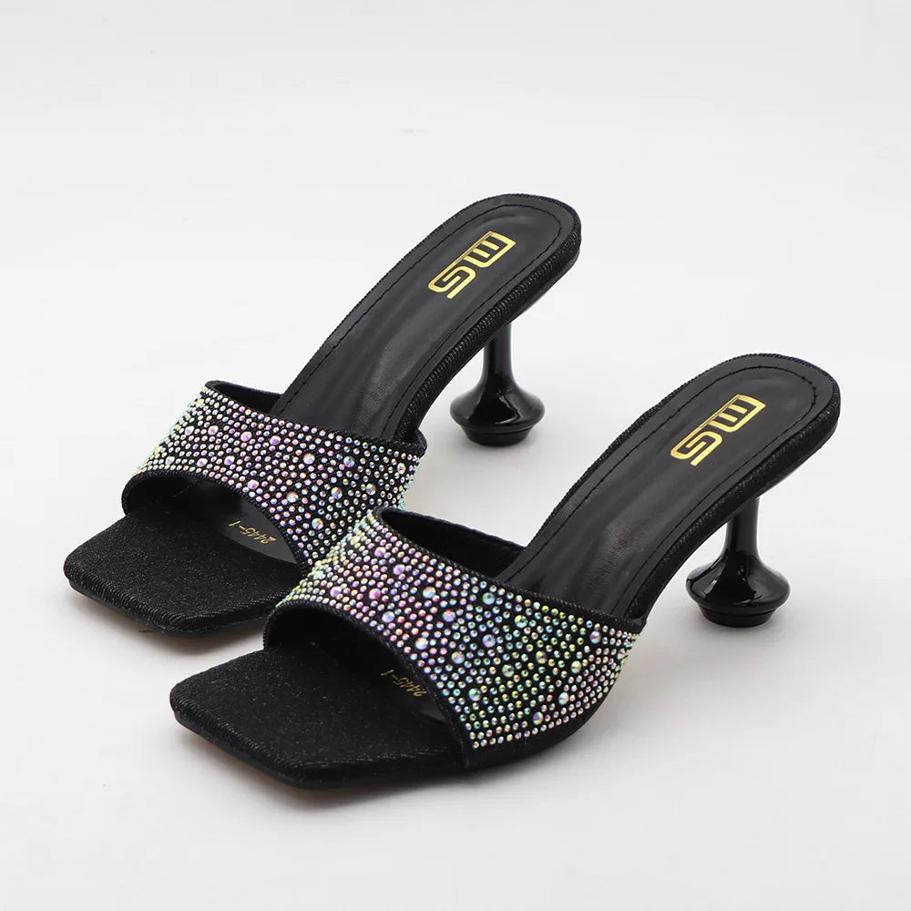 Summer Blue Denim Rhinestone Women's Slippers with 7CM Heel