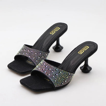 Summer Blue Denim Rhinestone Women's Slippers with 7CM Heel