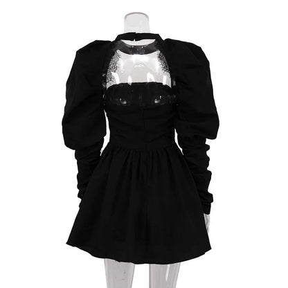 Puff Long-sleeved Black Mini Dress