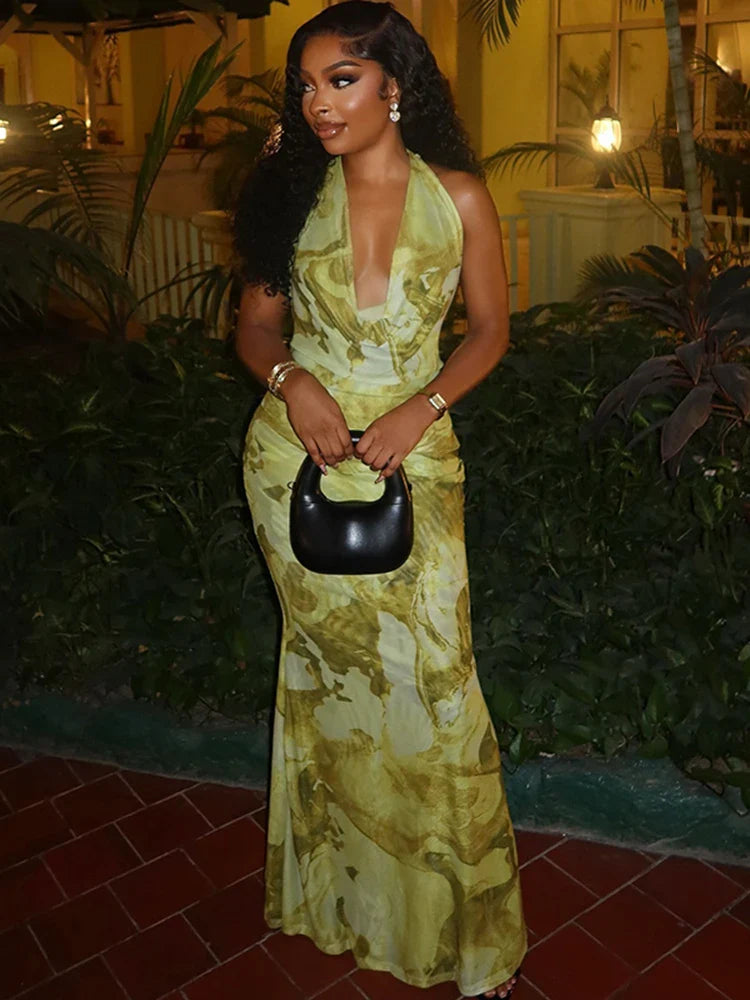 Mesh Slash Neck Ruched Floral Dress