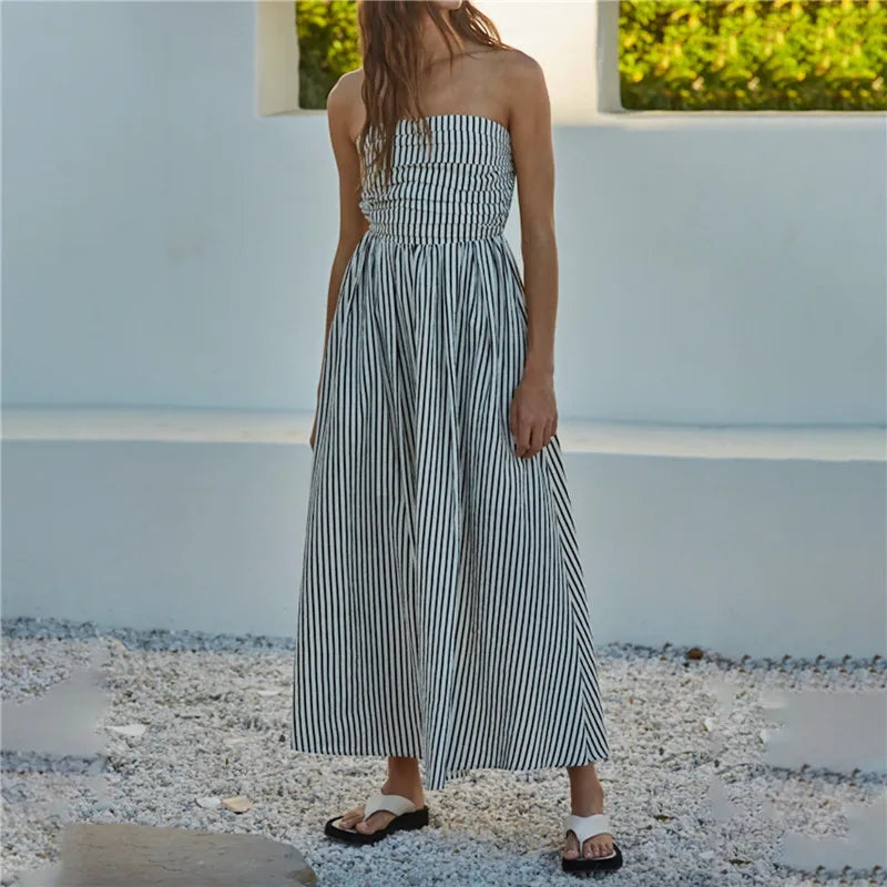 Striped Strapless Flowy Tube Midi Dress