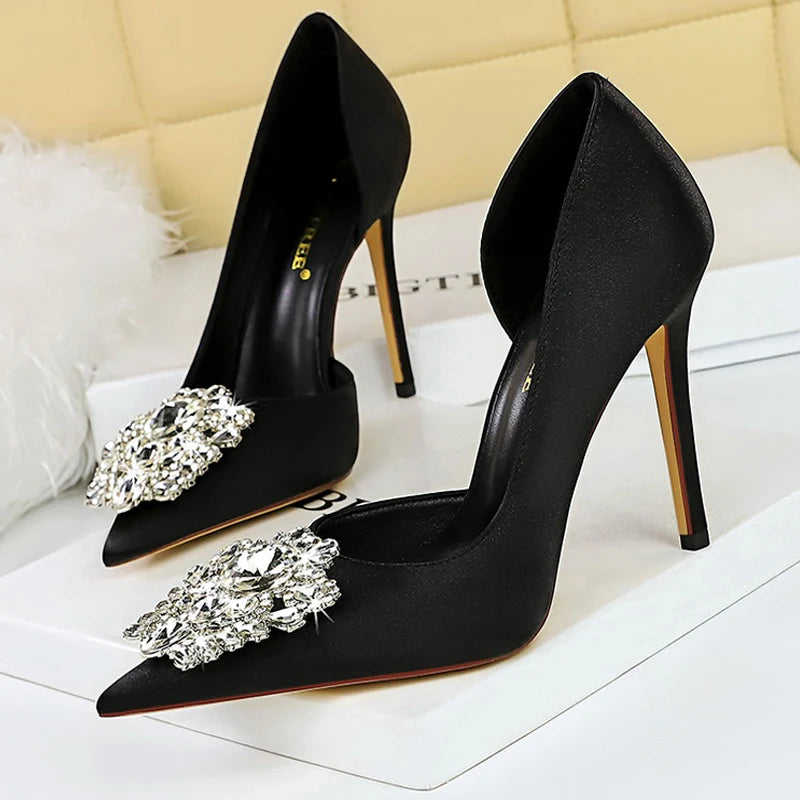 Satin Rhinestone High Heels for Women - Elegant Banquet Stilettos Lady Heels