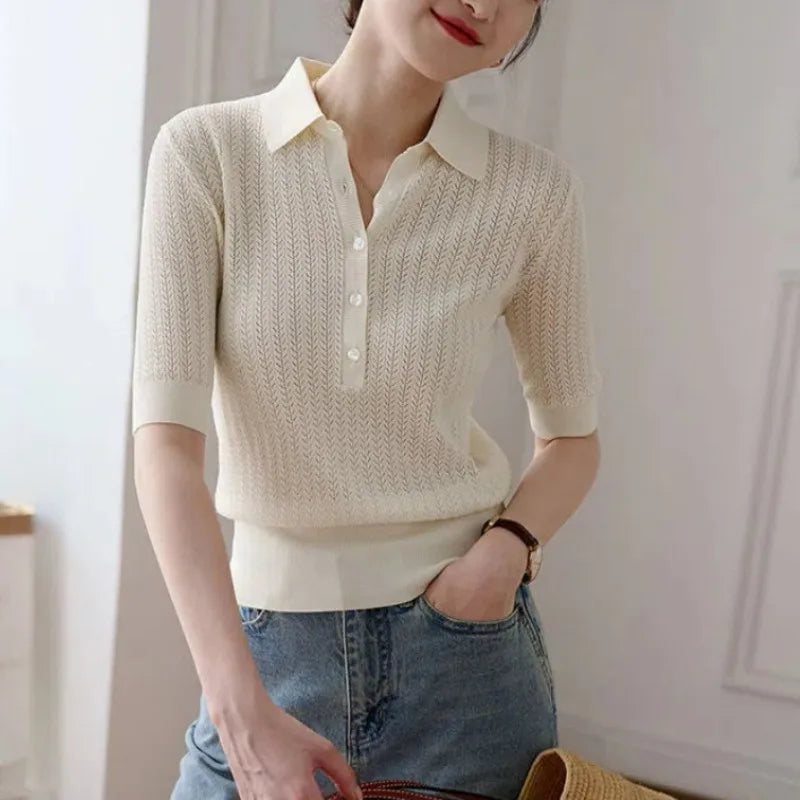 | Ribbed Knit Polo Blouse