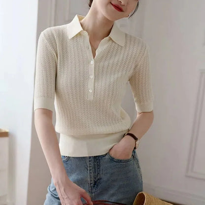 | Ribbed Knit Polo Blouse