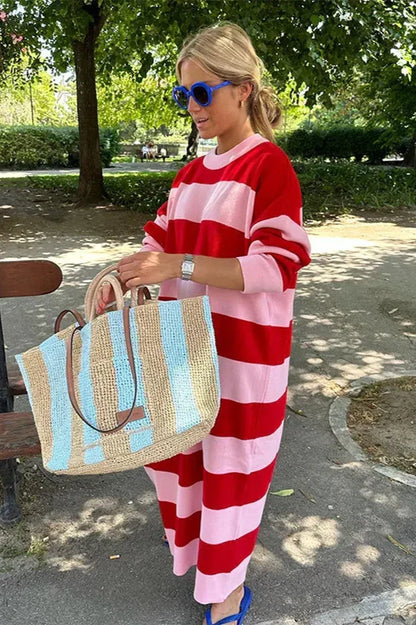 Bold Stripe Mock Neck Long Sleeve Oversized Knit Midi Sweater Dress