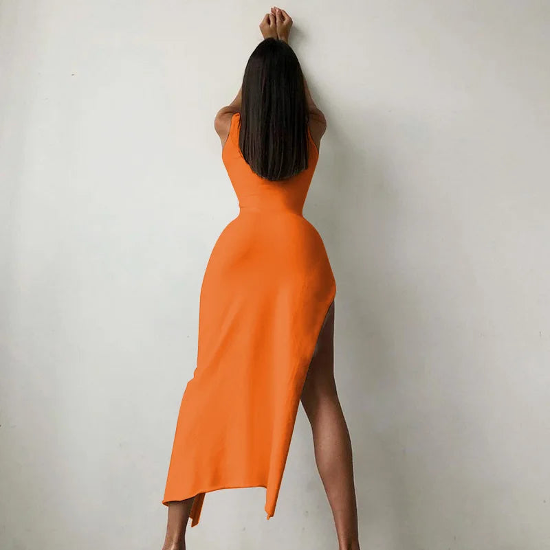 Slit Turtleneck Orange Midi Bodycon Dress