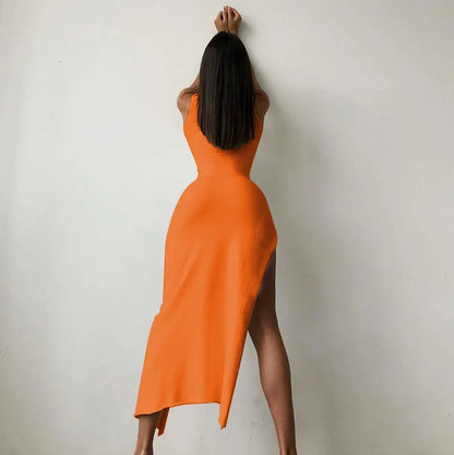 Slit Turtleneck Orange Midi Bodycon Dress