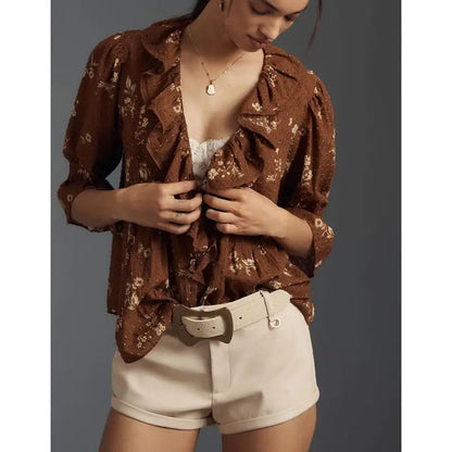 Ruffle Trim Swiss Dot Blouse