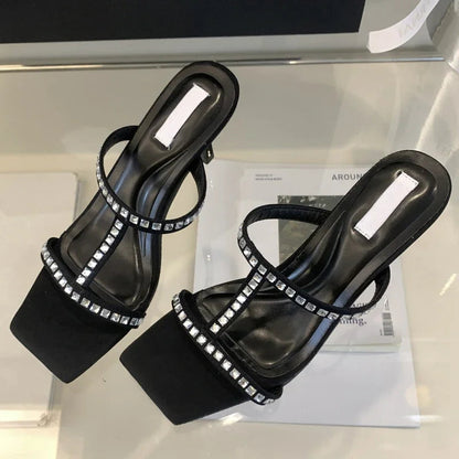 Crystal Square Clip Toe Thin Heel Flip Flops for Women
