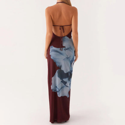 Open Back Floral Halter Slip Vacation Dress