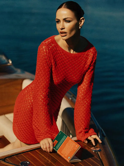 O-Neck Long Sleeve Knit Mini Dress